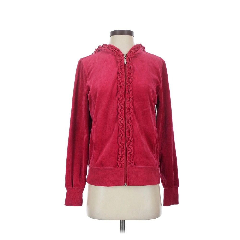 Vintage Cotton Womens Velour Ruffle Zip Up Hoodie Red Size‎ Small